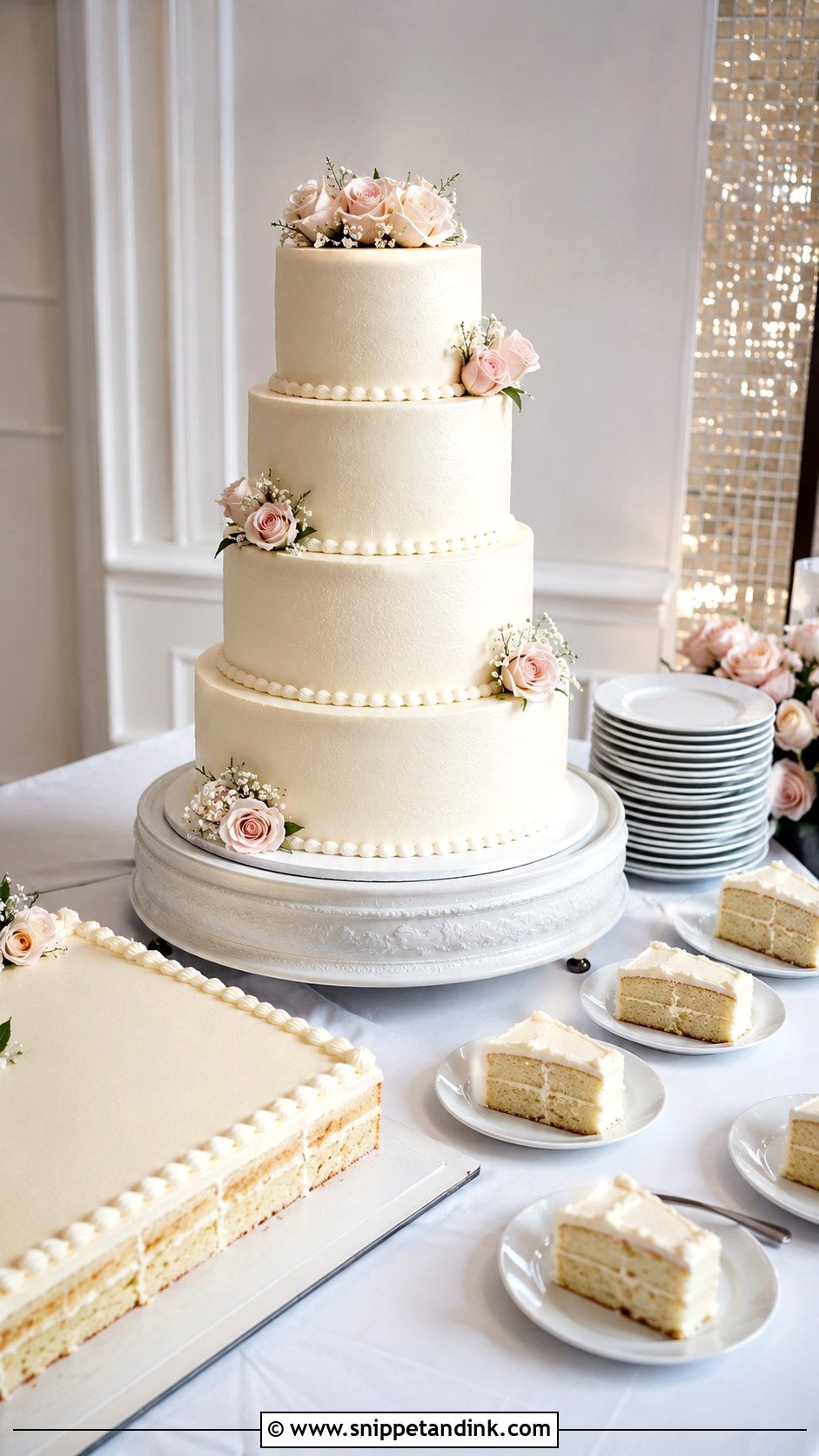 Four Tier Wedding Cake With Sheet Cake - Snippet and Ink - 20 Wedding Cakes for 200 Guests