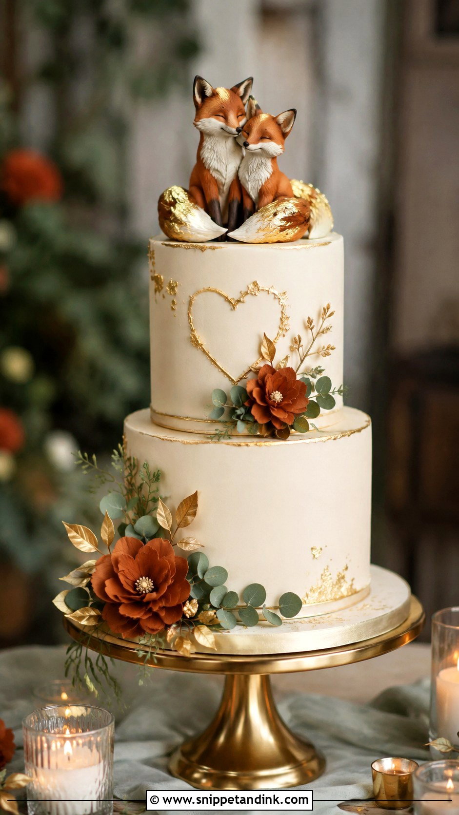 Fox Wedding Cake With Gold Accents - Snippet and Ink - 20 Fox Wedding Cake Ideas