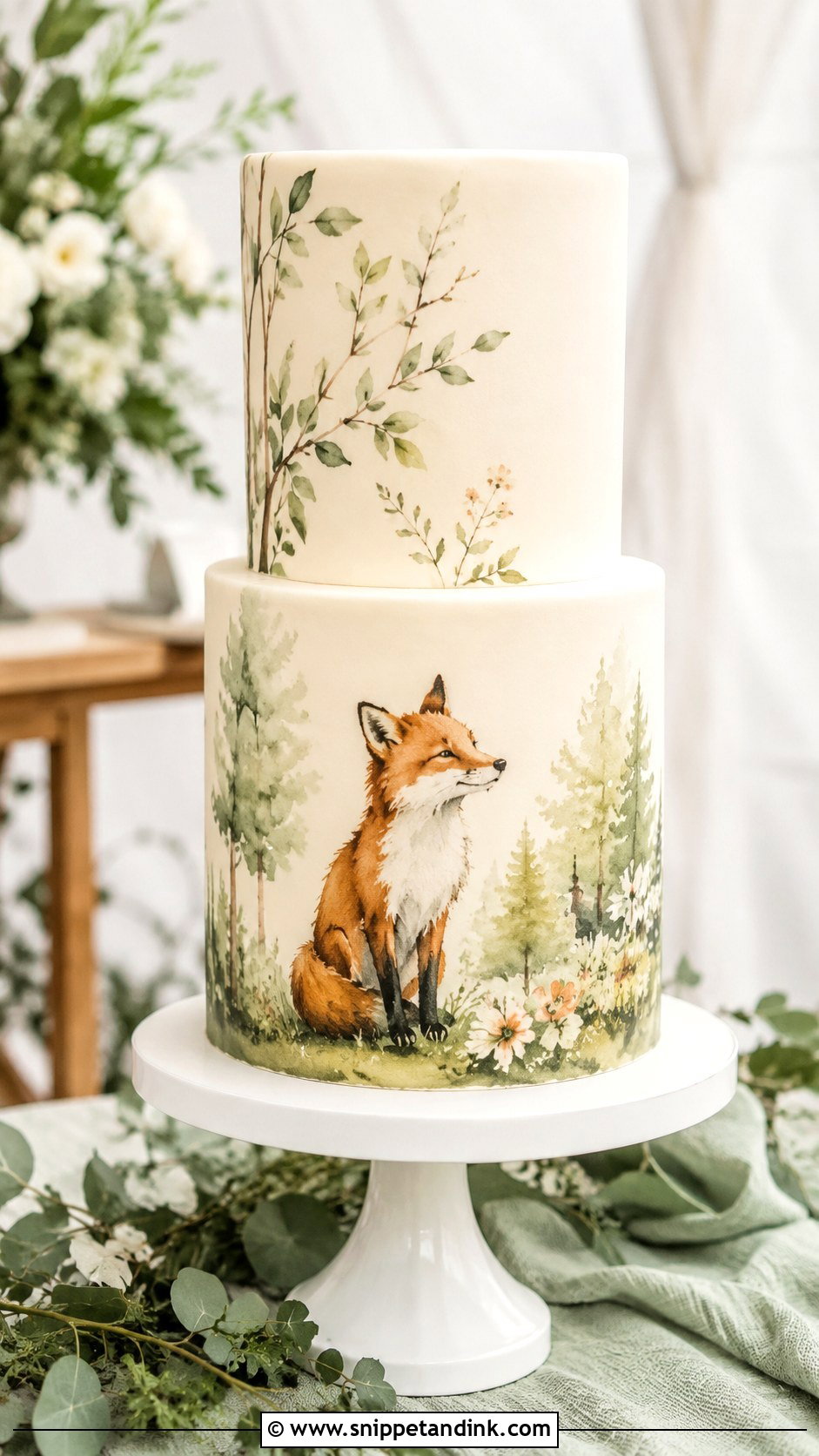 Fox Wedding Cake With Watercolor Painting - Snippet and Ink - 20 Fox Wedding Cake Ideas