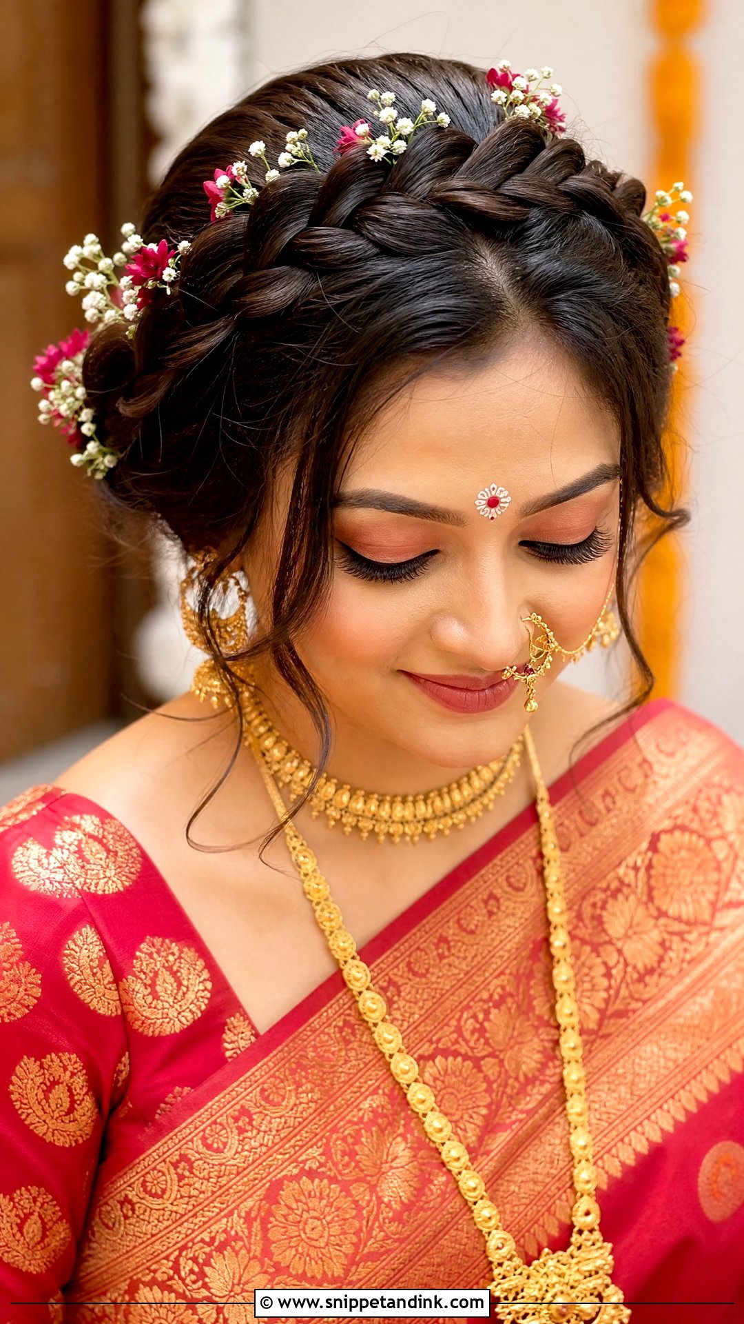 French Braid Crown With Flowers - Snippet and Ink - 20 Bengali Bridal Hairstyle Ideas