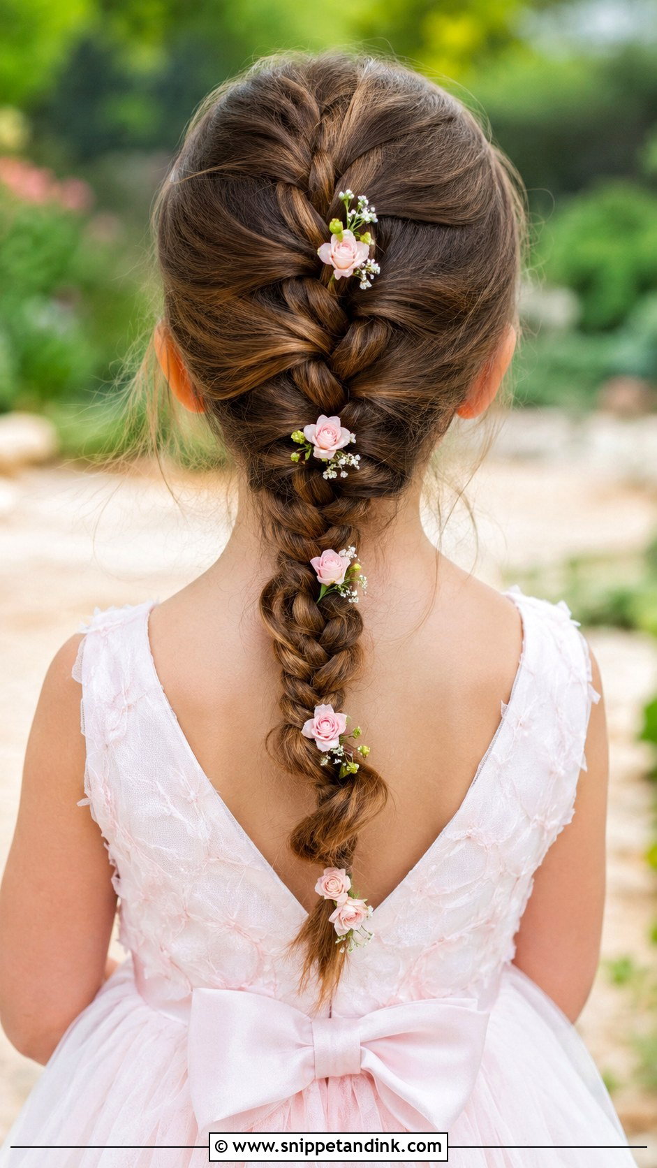 French Braid With Floral Pins - Snippet and Ink - 20 Girls Wedding Hairstyles