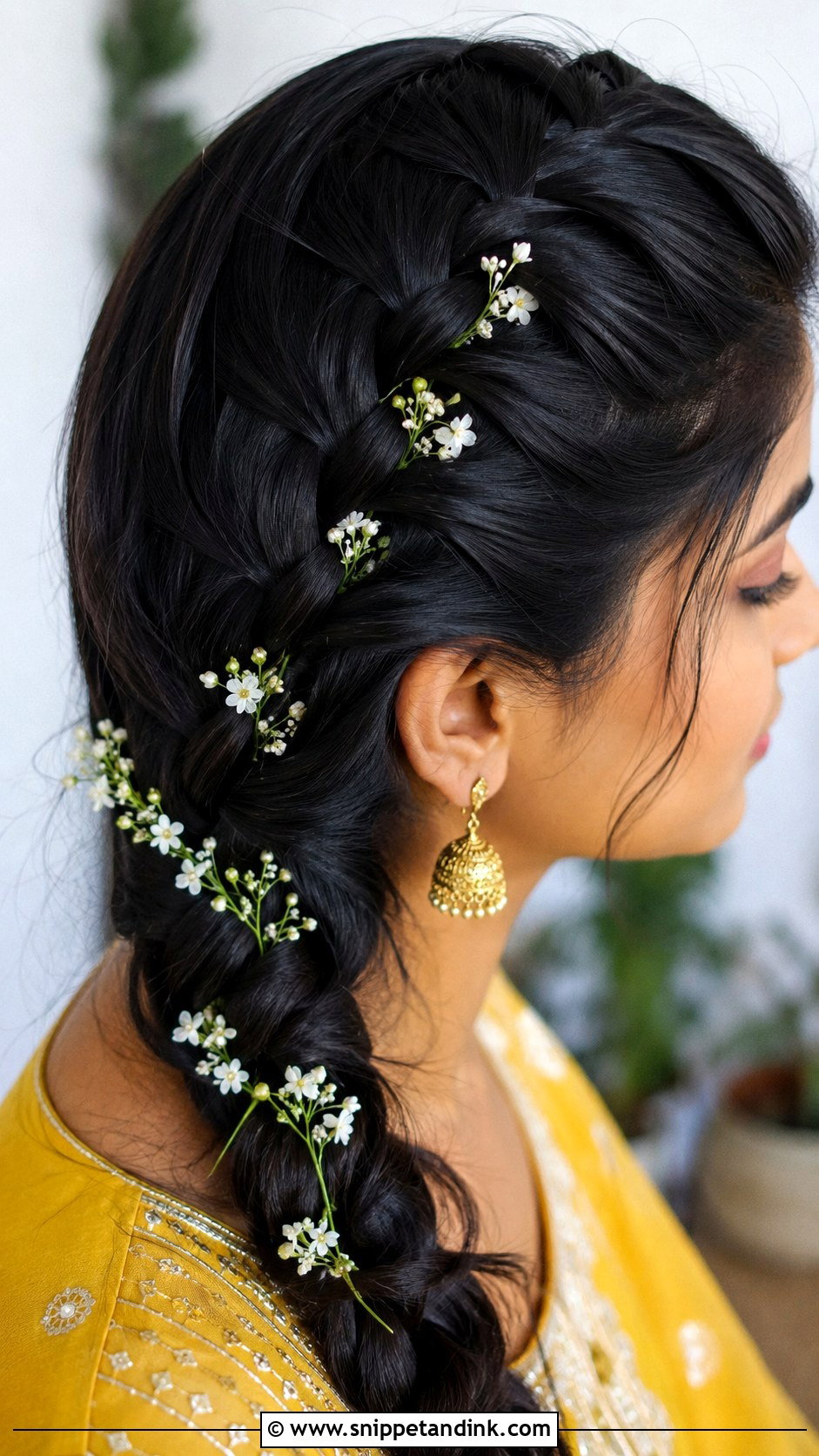 French Braid With Floral Vine - Snippet and Ink - 20 Haldi Braid Hairstyles for Bride
