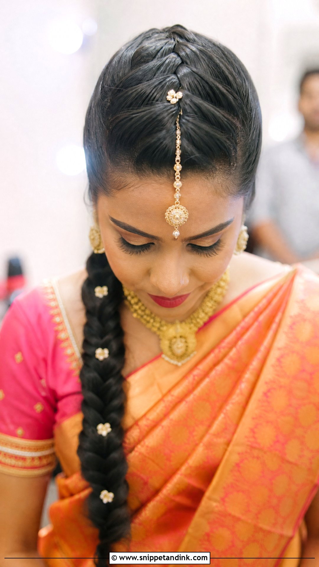 French Braid with Maang Tikka - Snippet and Ink - 20 Indian Wedding Braids Bridal Hairstyle