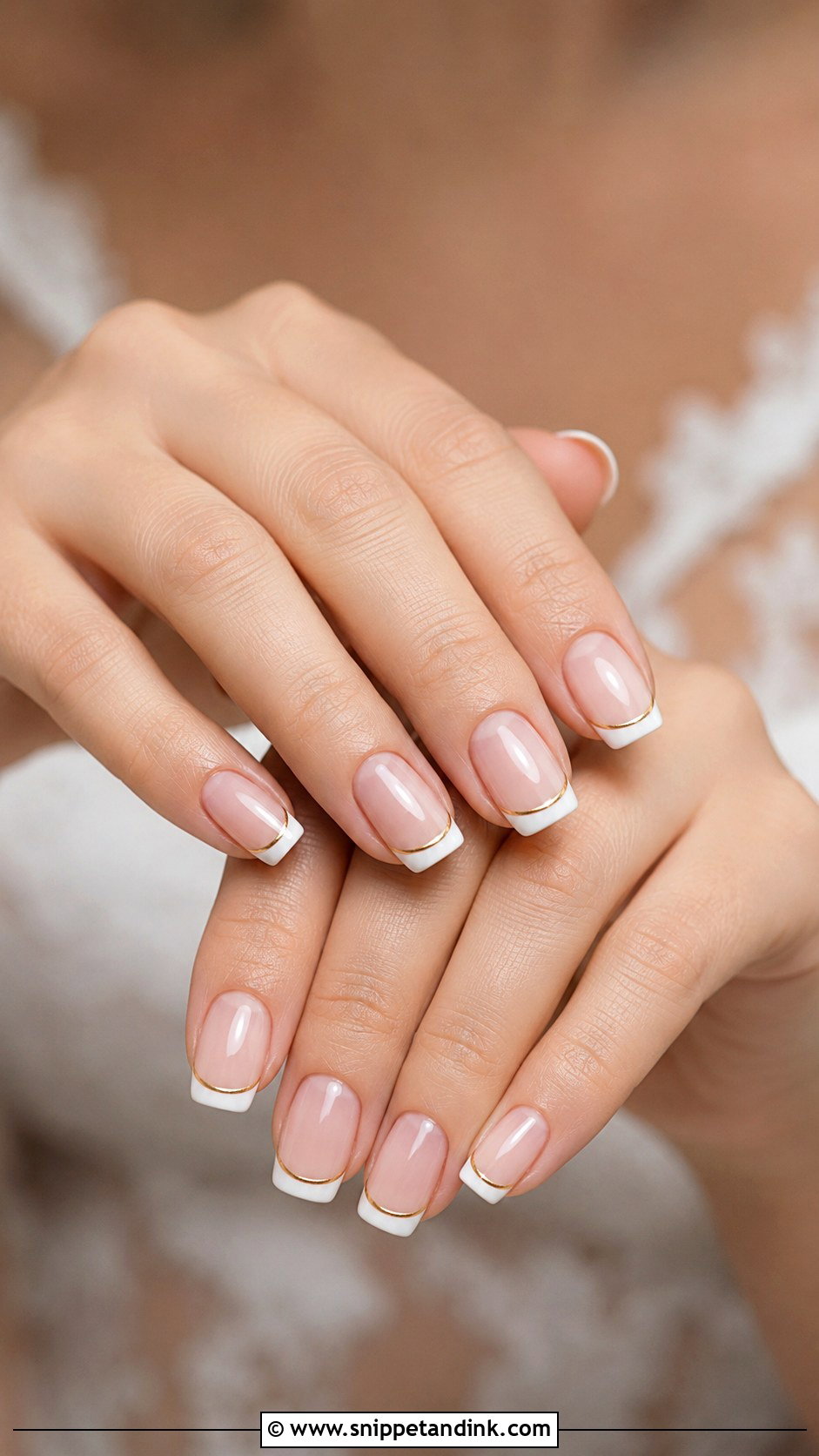 French Bridal Nails With Gold Line - Snippet and Ink - 20 Bridal Nails with Gold
