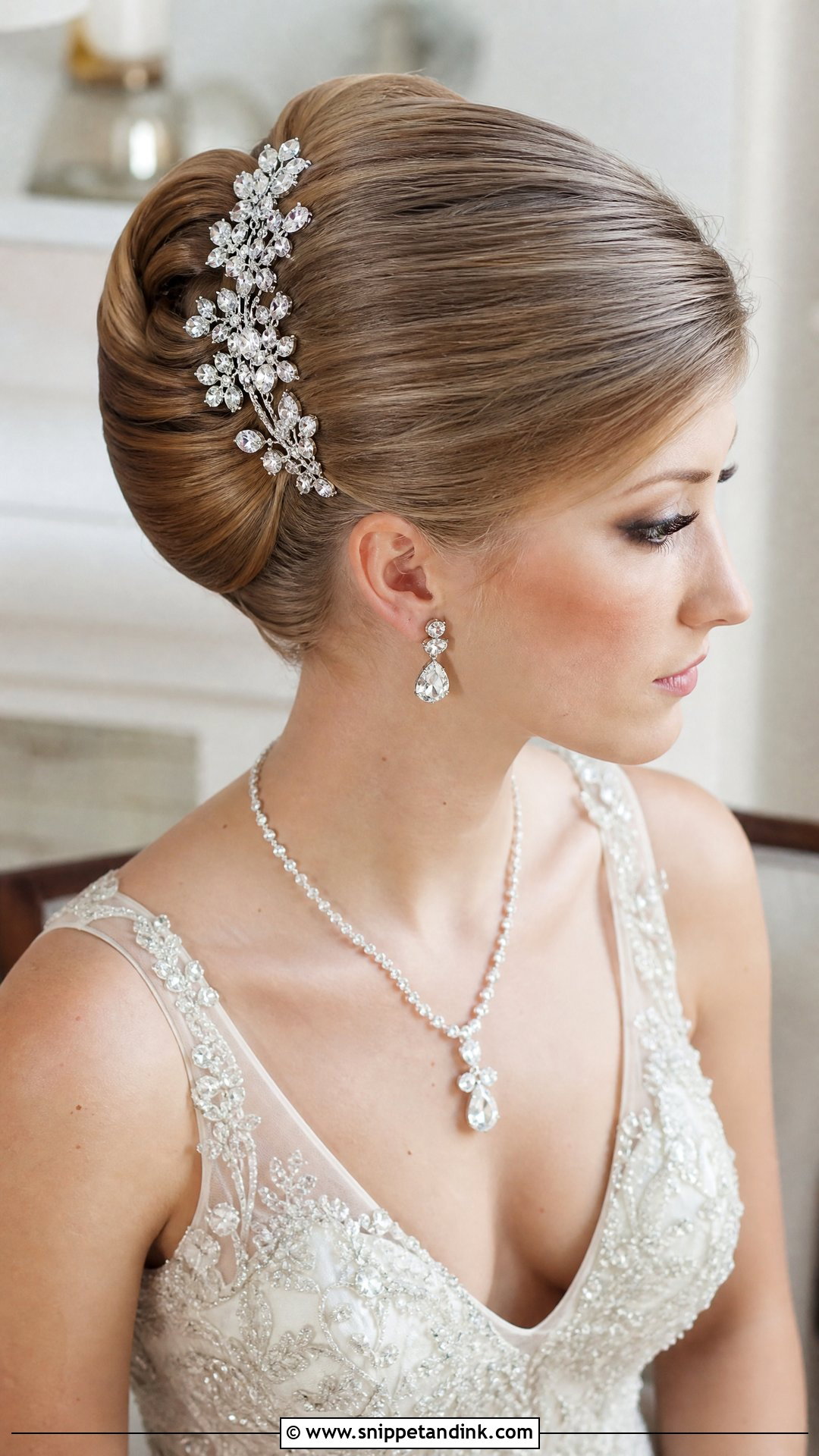 French Roll With A Jeweled Headpiece - Snippet and Ink - 20 French Roll Wedding Hairstyle Ideas