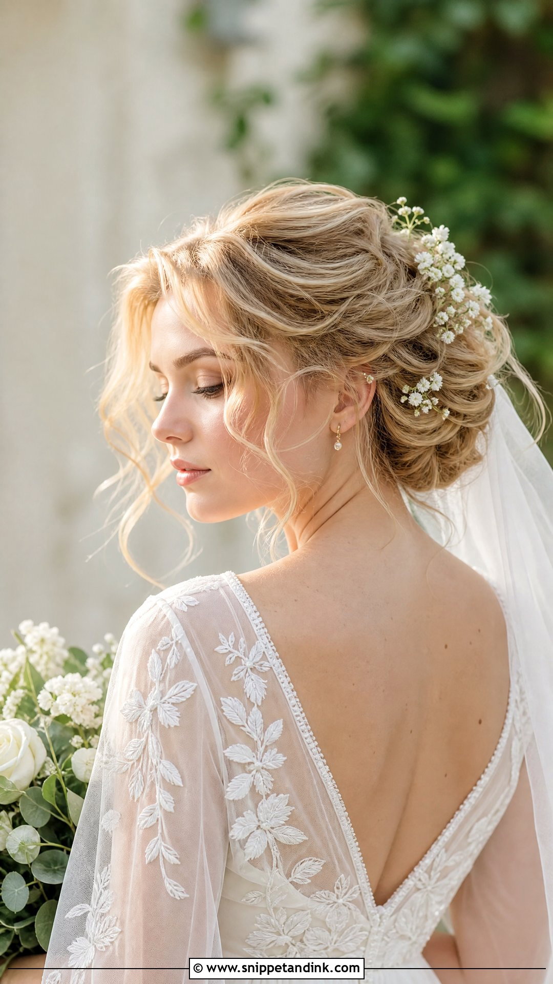 French Roll With Bouquet Of Babys Breath - Snippet and Ink - 20 French Roll Wedding Hairstyle Ideas