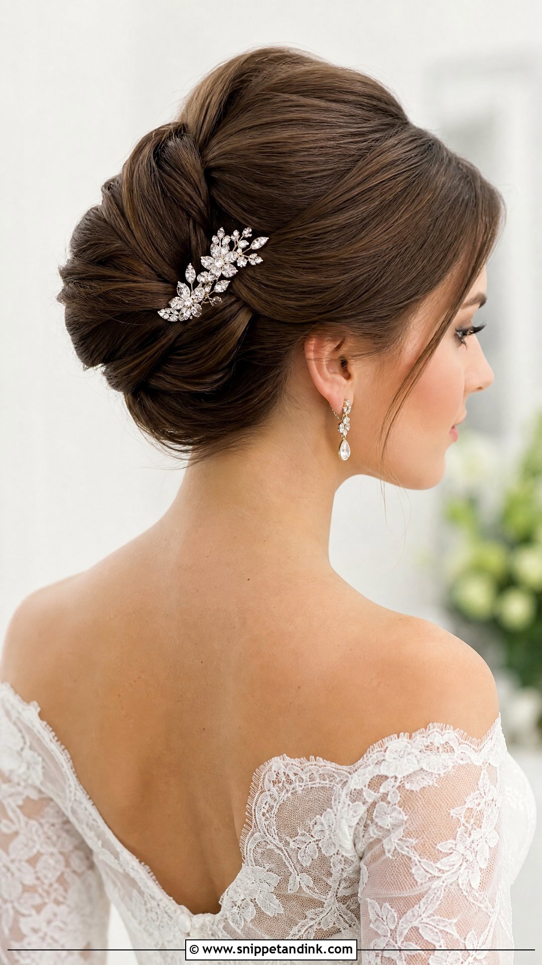 French Twist Wedding Hairstyle For Off The Shoulder Dress - Snippet and Ink - 20 Off the Shoulder Wedding Hairstyles