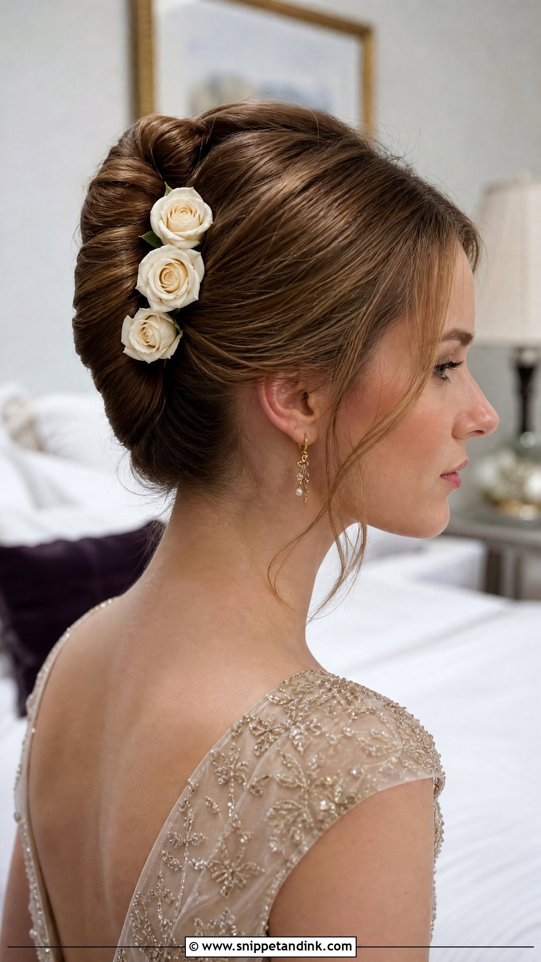 French Twist With Cream Roses - Snippet and Ink - 20 Floral Updo Ideas