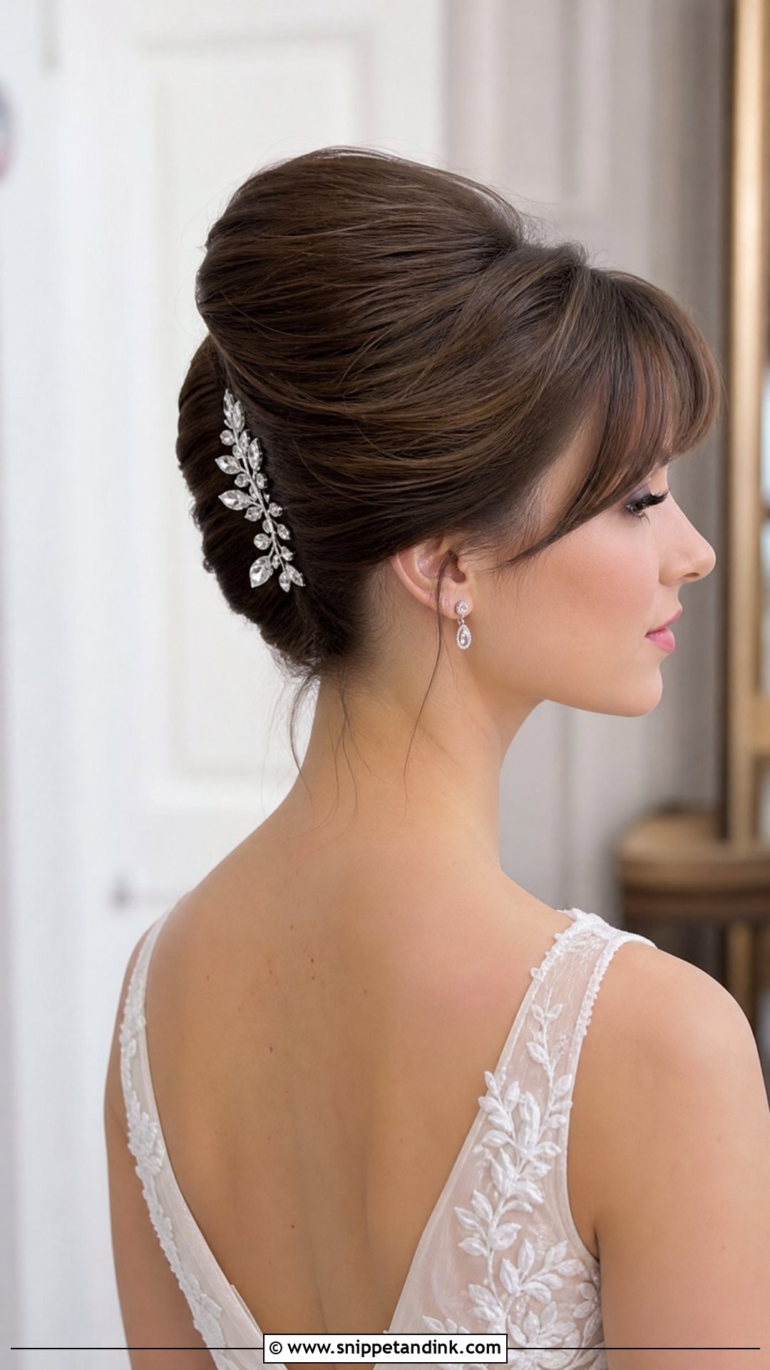French Twist with Soft Fringe - Snippet and Ink - 20 Wedding Hair with Fringe Ideas
