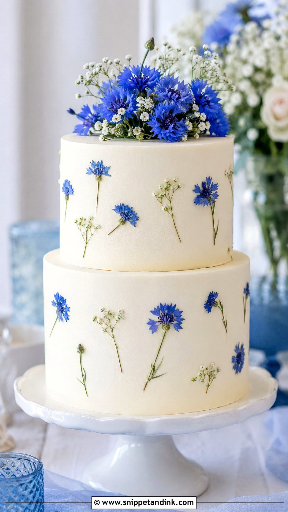 Fresh Cornflower Wedding Cake - Snippet and Ink - 20 Fresh Flowers on Cakes for Wedding