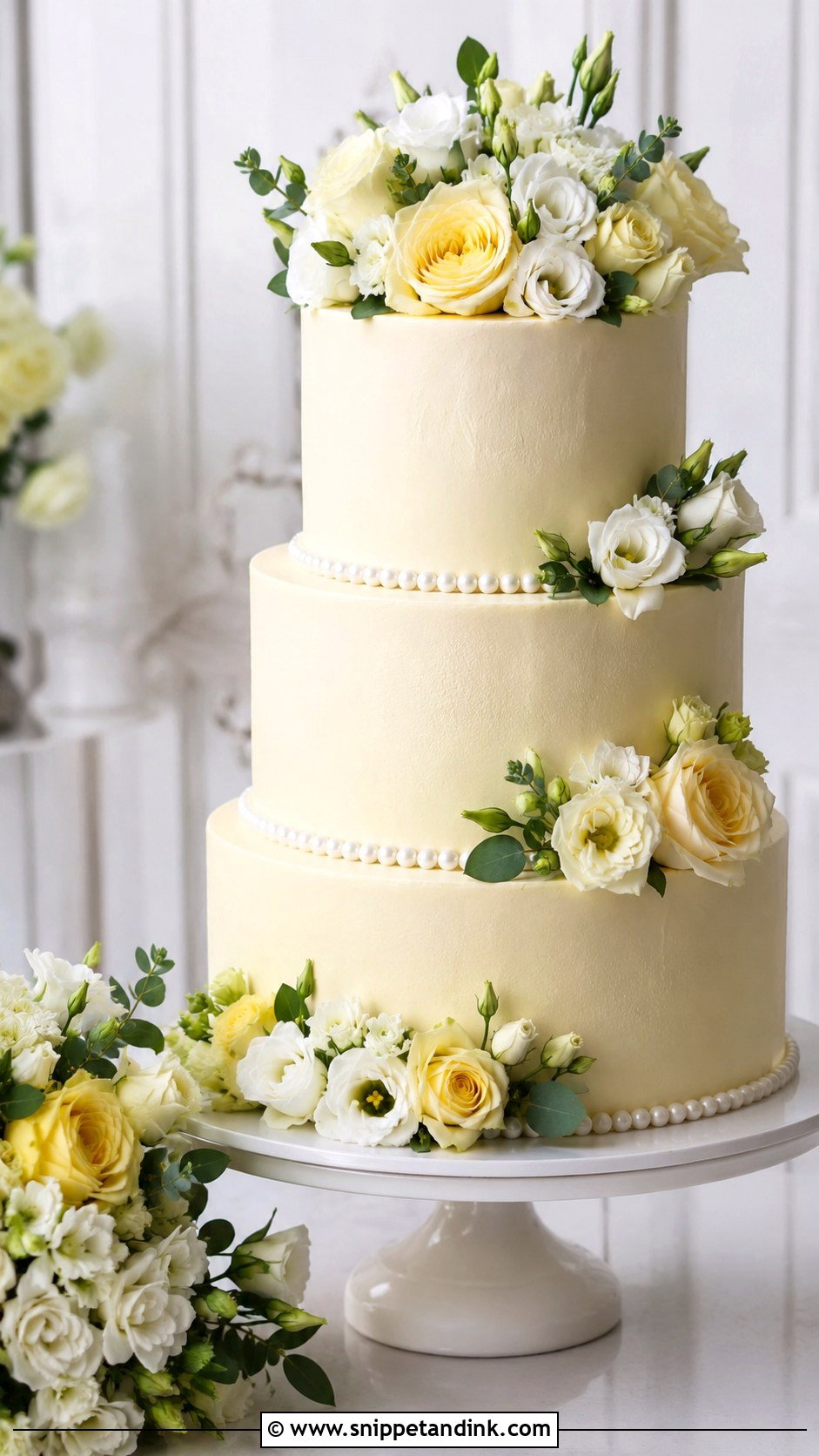 Fresh Flower Wedding Cake With Pearls - Snippet and Ink - 30 Wedding Cake Ideas with Flowers and Pearls