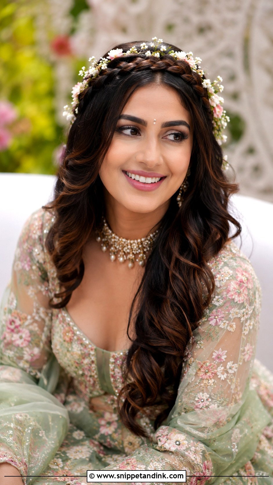 Front Braided Crown With Flowers - Snippet and Ink - 30 Indian Wedding Front Hairstyles