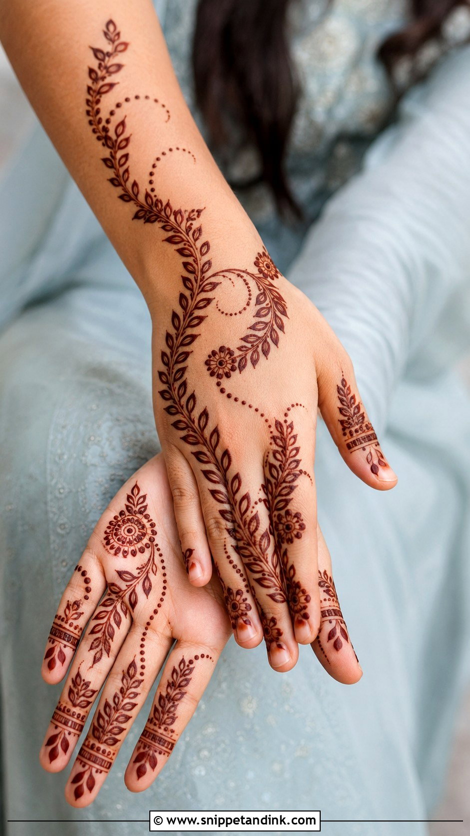 Front Hand Mehndi Design With Leaf Trail - Snippet and Ink - 35 Front Mehndi Designs