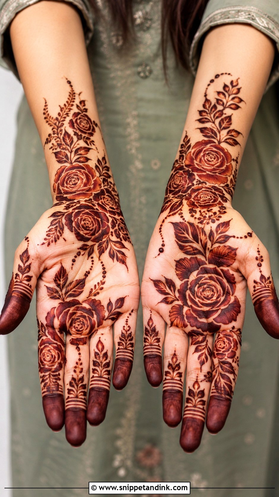 Front Hand Mehndi Design With Rose - Snippet and Ink - 35 Front Mehndi Designs