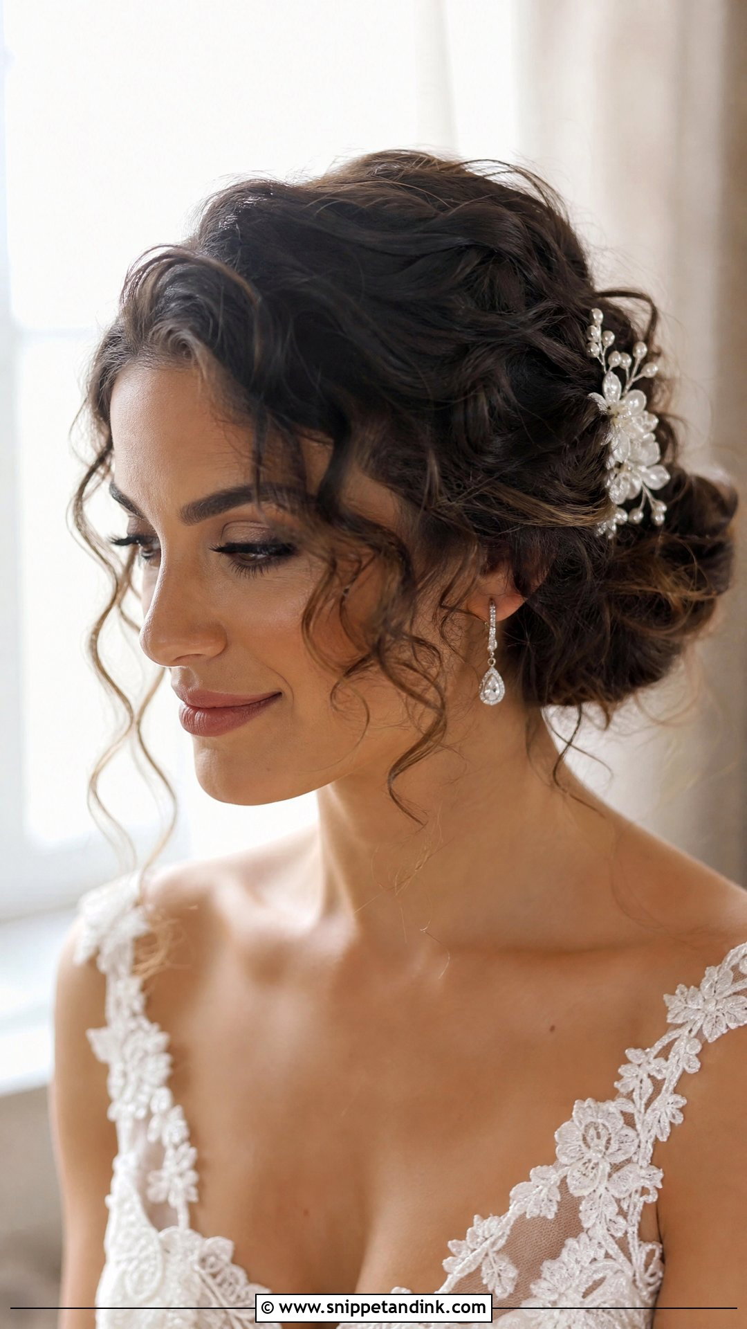 Front Loose Curls Low Bun Wedding Hairstyle - Snippet and Ink - 15 Front Hairdo Wedding Hairstyles