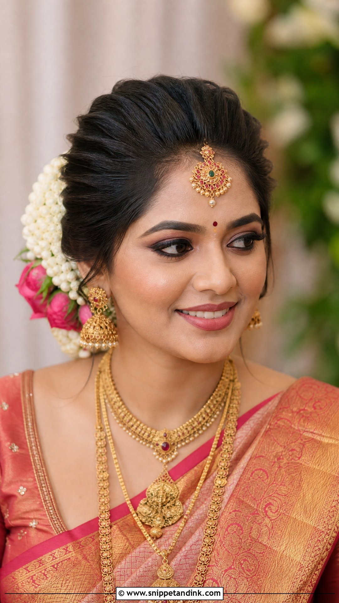 Front Pouf With Floral Accent - Snippet and Ink - 20 Front Side Hairstyles for Indian Wedding