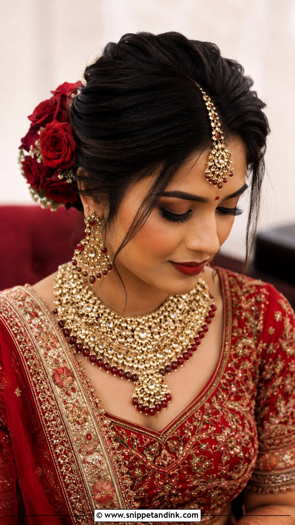 Front Pouf With Floral Bun - Snippet and Ink - 25 Indian Bridal Front Hairstyles
