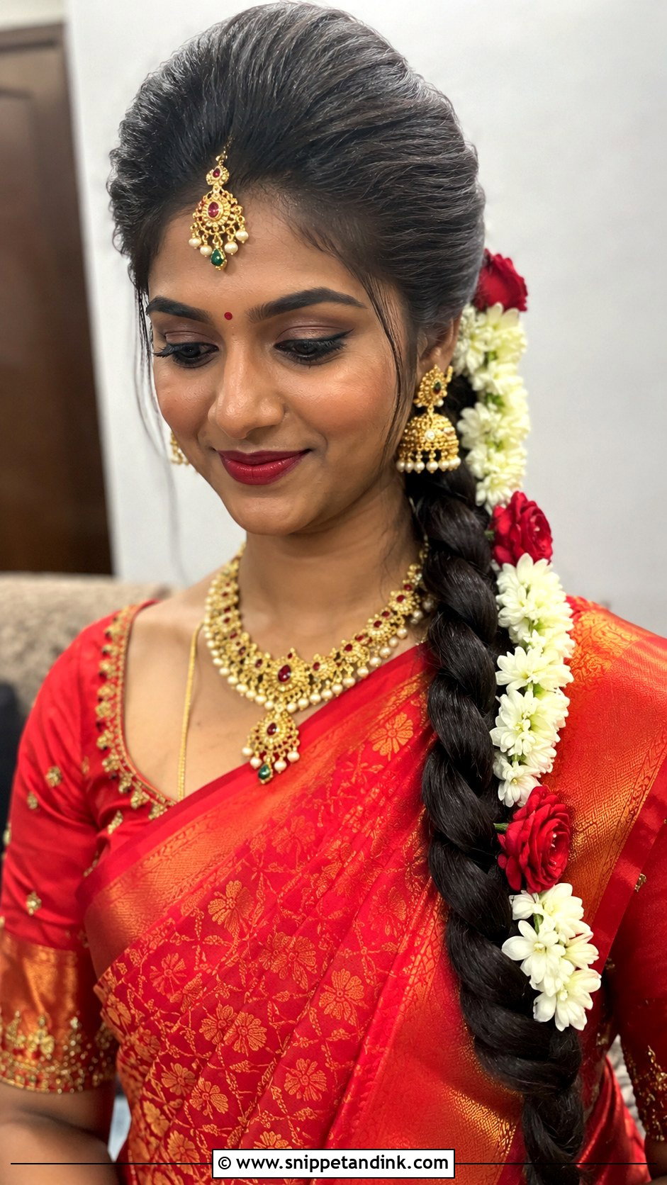 Front Puff With Braid And Flowers - Snippet and Ink - 20 Valaikappu Hairstyles