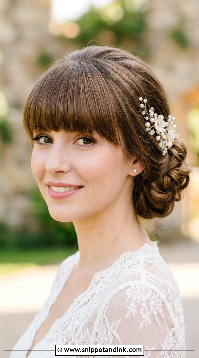 Full Fringe With Romantic Bun - Snippet and Ink - 20 Bridal Hair Bangs Ideas