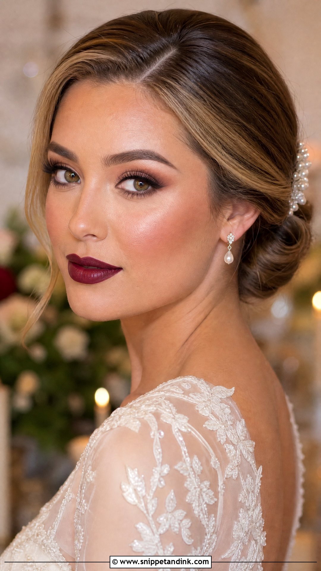 Full Glam Bridal Makeup With Burgundy Lip - Snippet and Ink - 25 Full Glam Bridal Makeup Ideas
