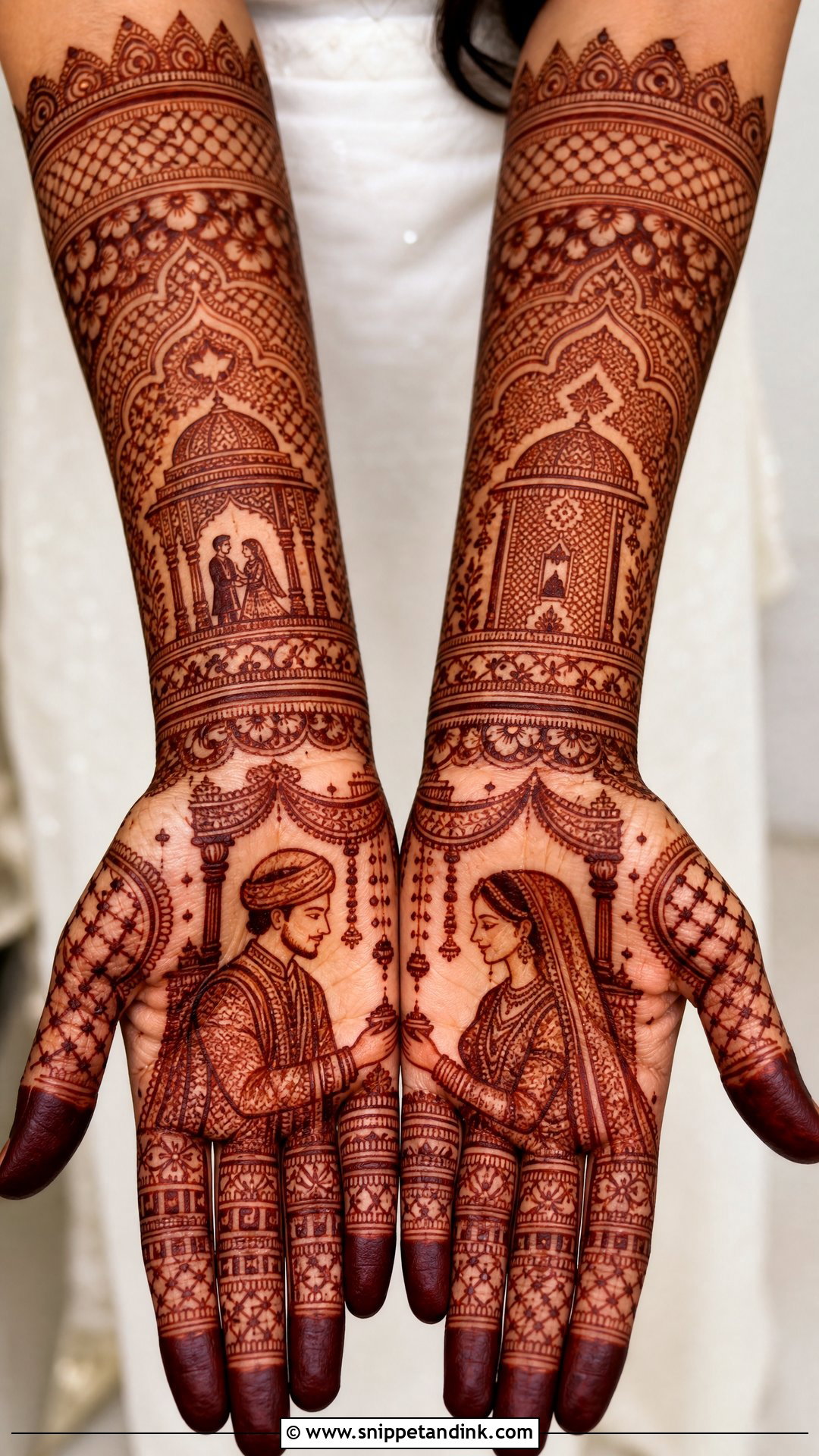 Full Hand Bridal Mehndi Design With Dulha Dulhan - Snippet and Ink - 30 Best Beautiful Full Hand Mehndi Designs