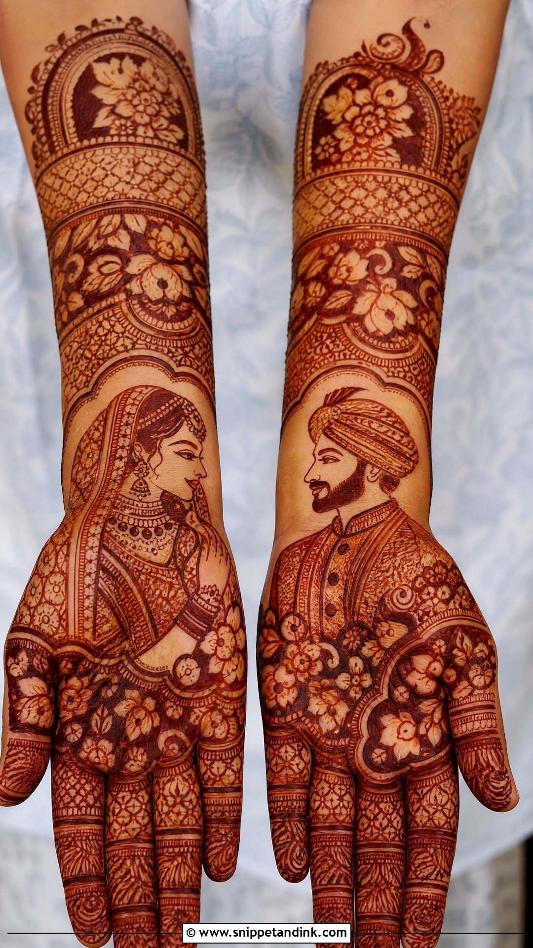 Full Hand Bridal Mehndi With Bride And Groom Portrait - Snippet and Ink - 20 Full Bridal Mehndi Designs