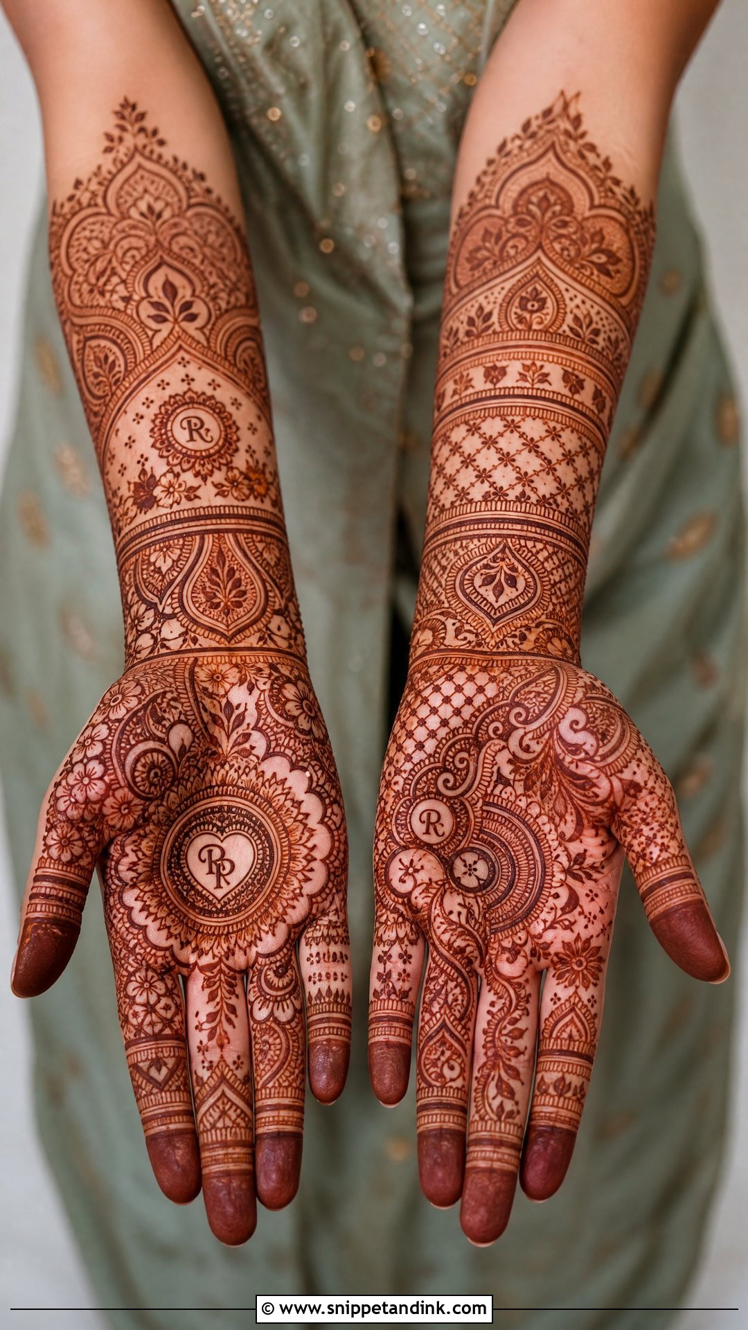 Full Hand Bridal Mehndi With Initials - Snippet and Ink - 20 Full Bridal Mehndi Designs
