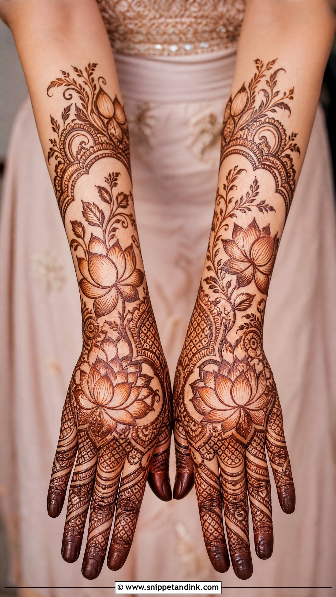 Full Hand Bridal Mehndi With Lotus Design - Snippet and Ink - 20 Full Bridal Mehndi Designs
