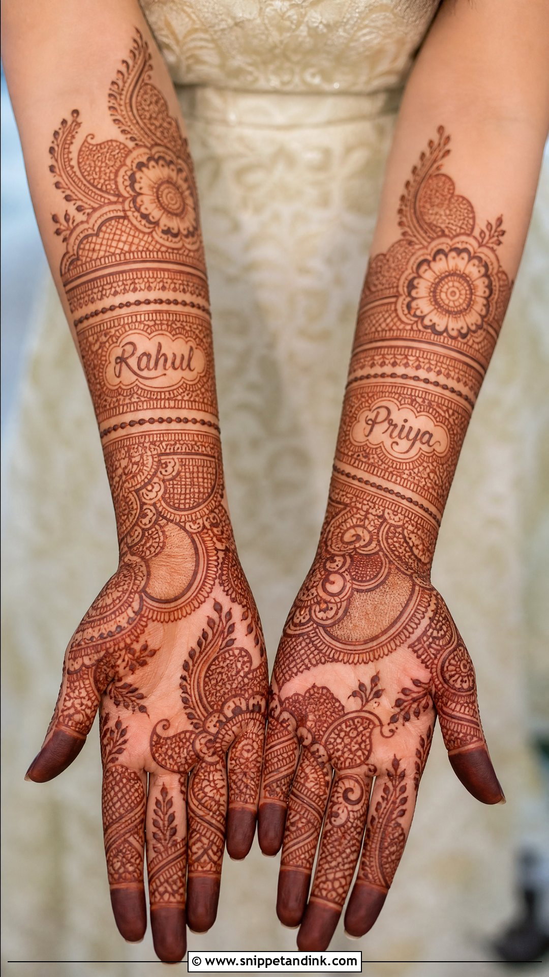 Full Hand Bridal Mehndi With Names - Snippet and Ink - 20 Full Bridal Mehndi Designs