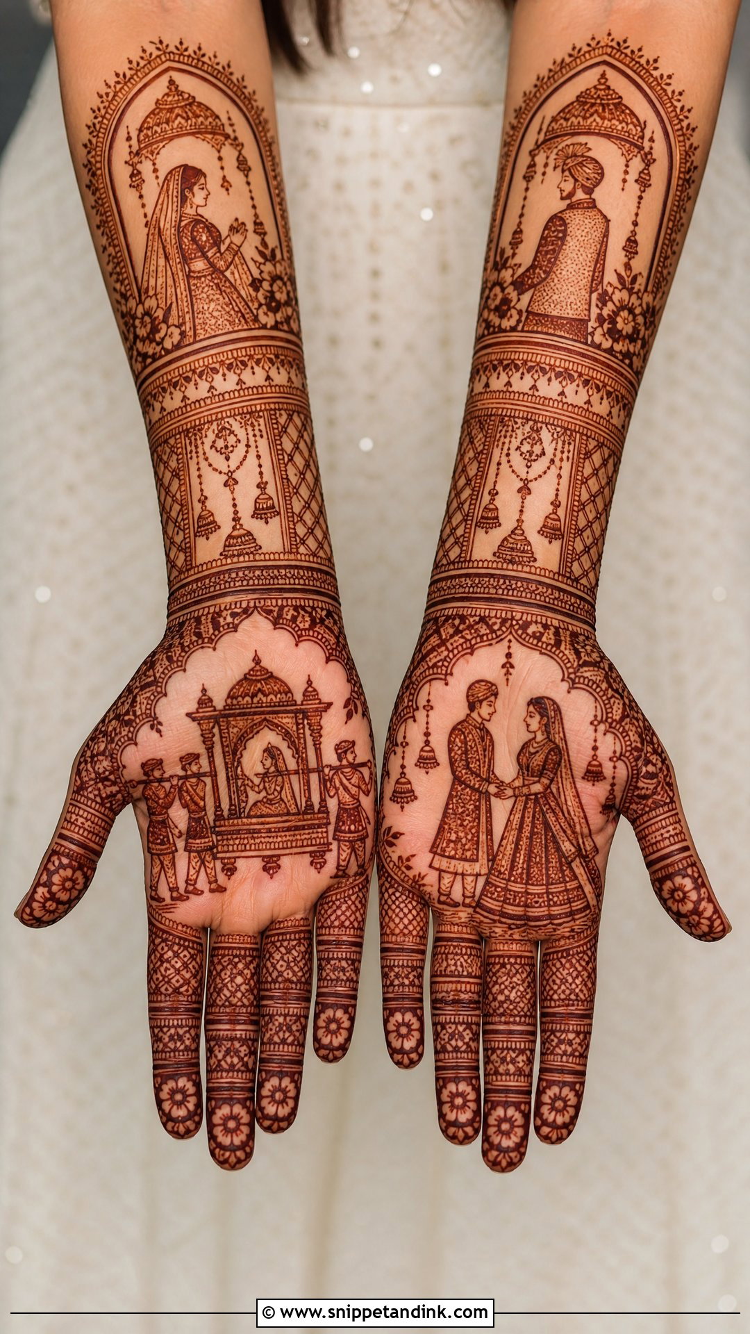 Full Hand Bridal Mehndi With Wedding Scene - Snippet and Ink - 20 Full Bridal Mehndi Designs