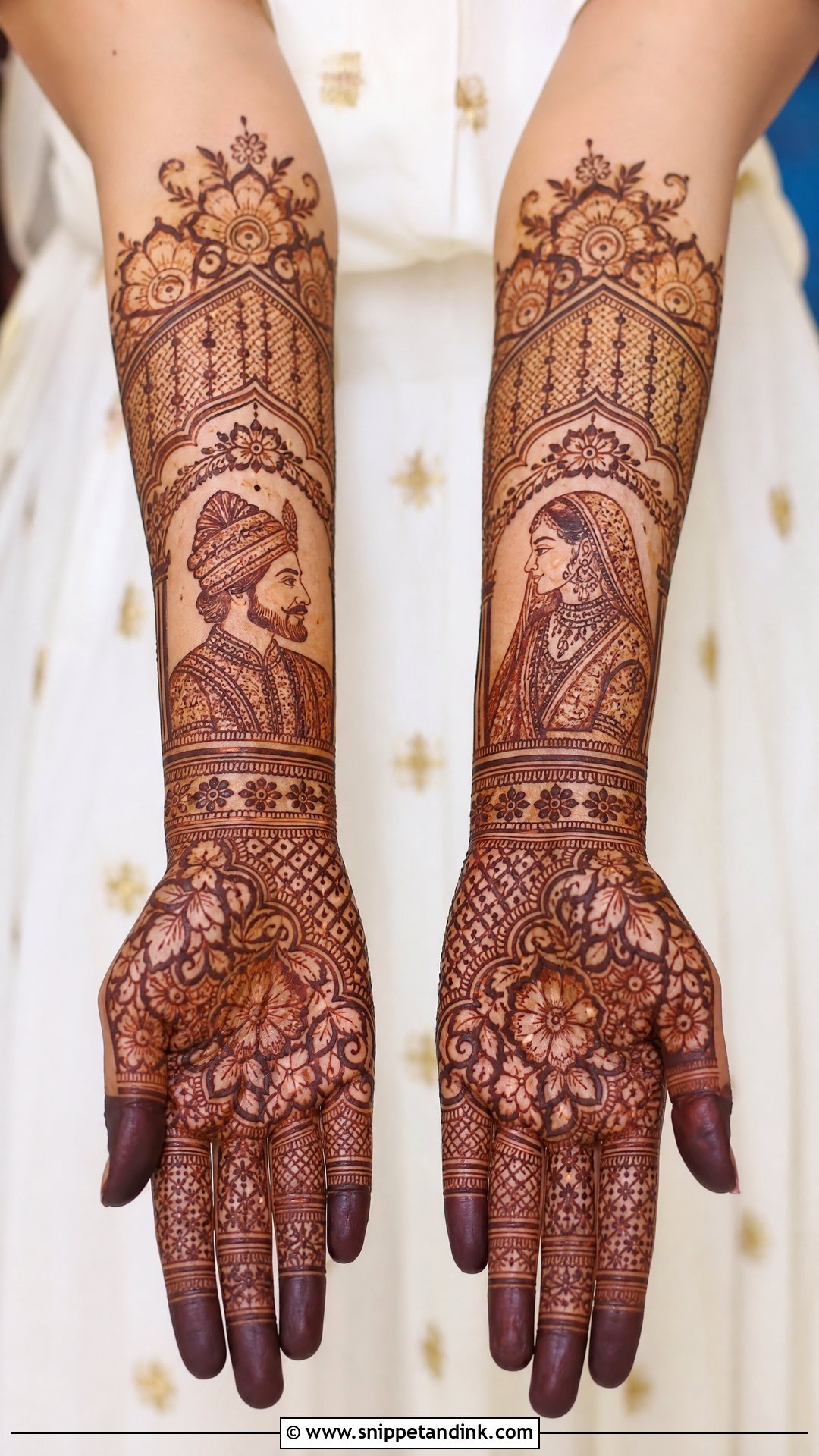 Full Hand Mehndi Design With Bride Groom Portrait - Snippet and Ink - 30 Best Beautiful Full Hand Mehndi Designs