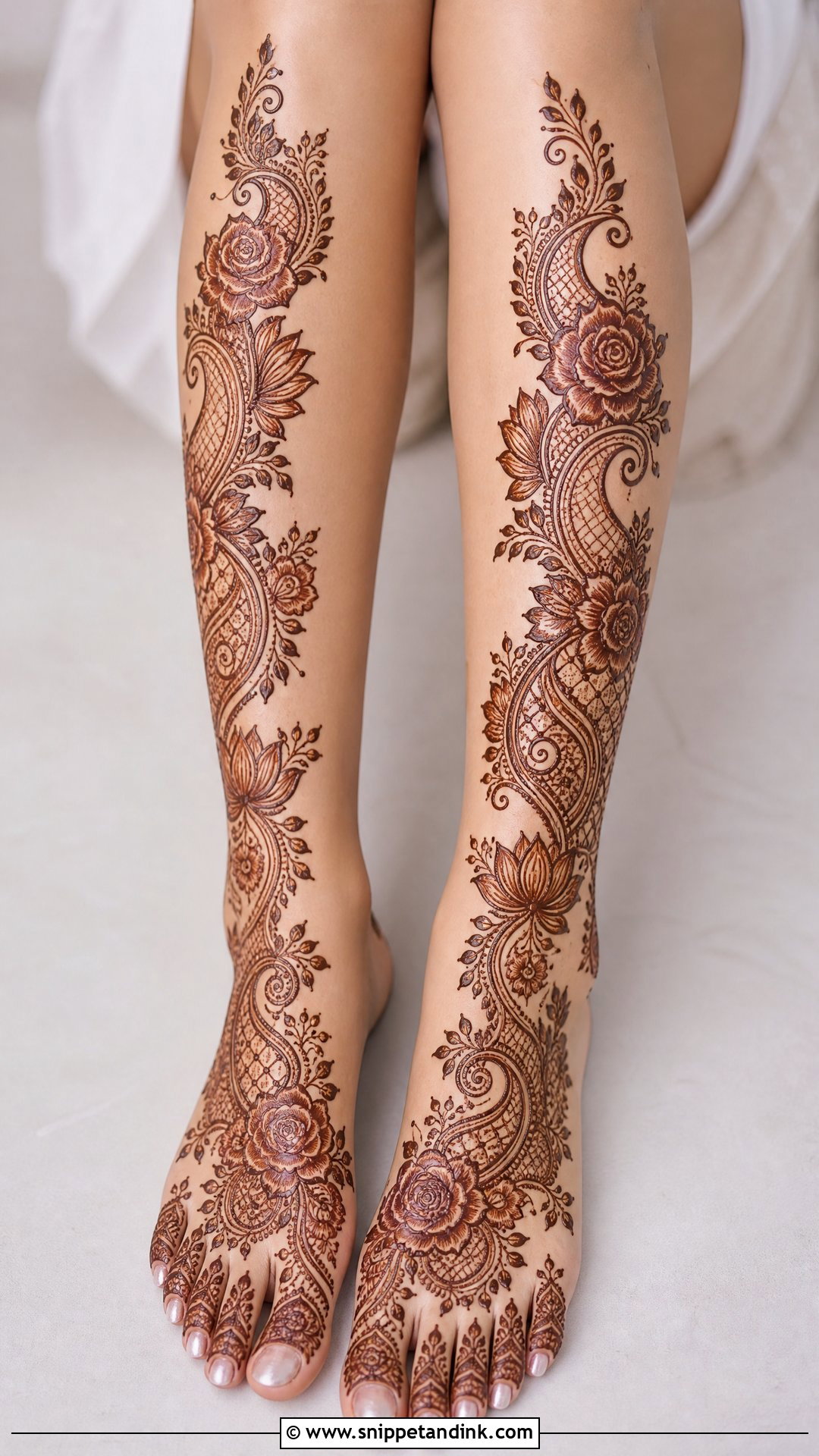 Full Leg Bridal Mehndi With Floral Trail - Snippet and Ink - 20 Bridal Full Legs Mehndi Design Ideas