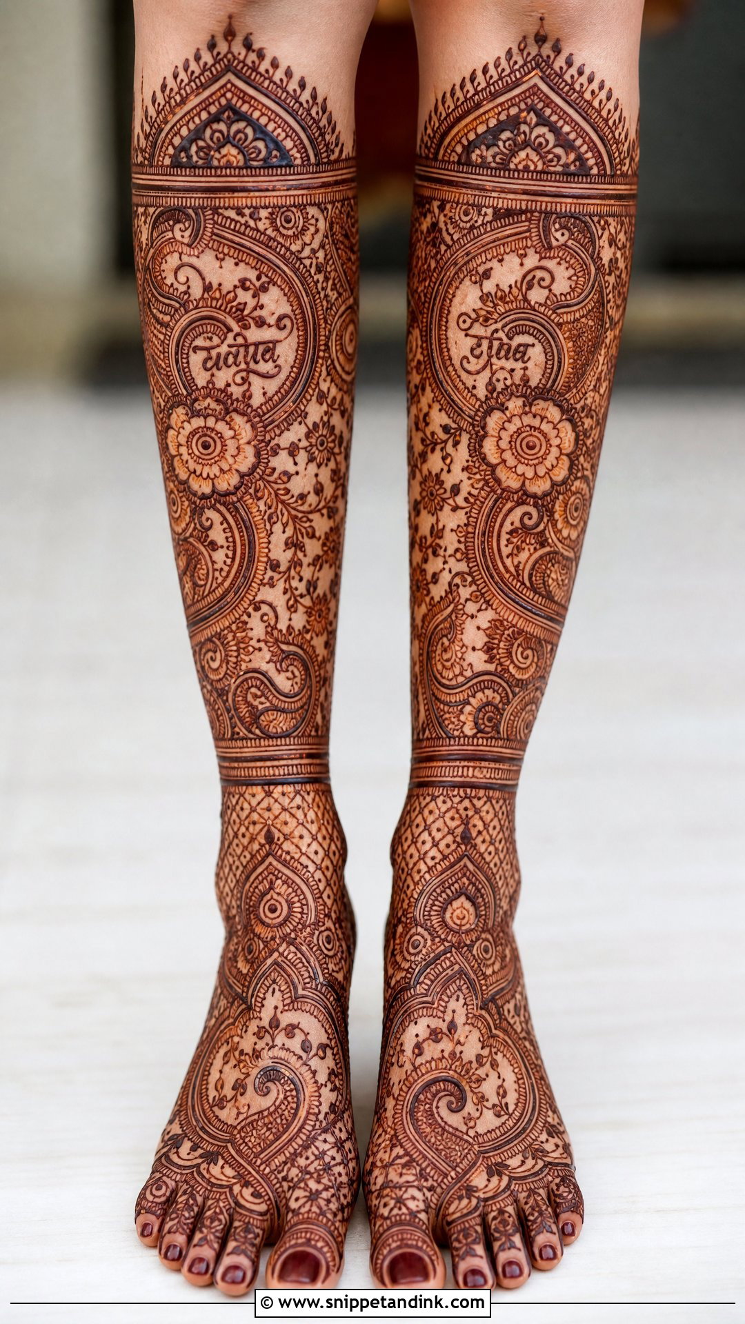 Full Leg Bridal Mehndi With Name - Snippet and Ink - 20 Bridal Full Legs Mehndi Design Ideas