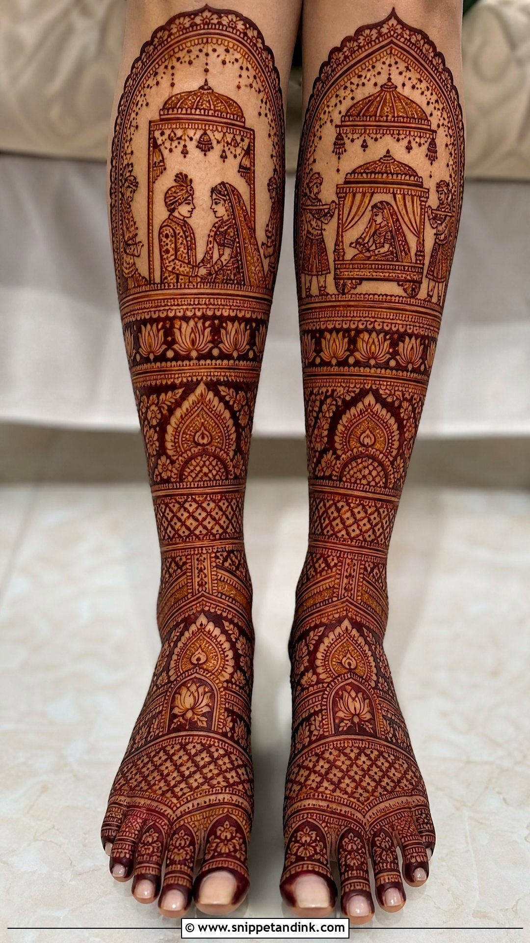 Full Leg Bridal Mehndi With Wedding Scene - Snippet and Ink - 20 Bridal Full Legs Mehndi Design Ideas
