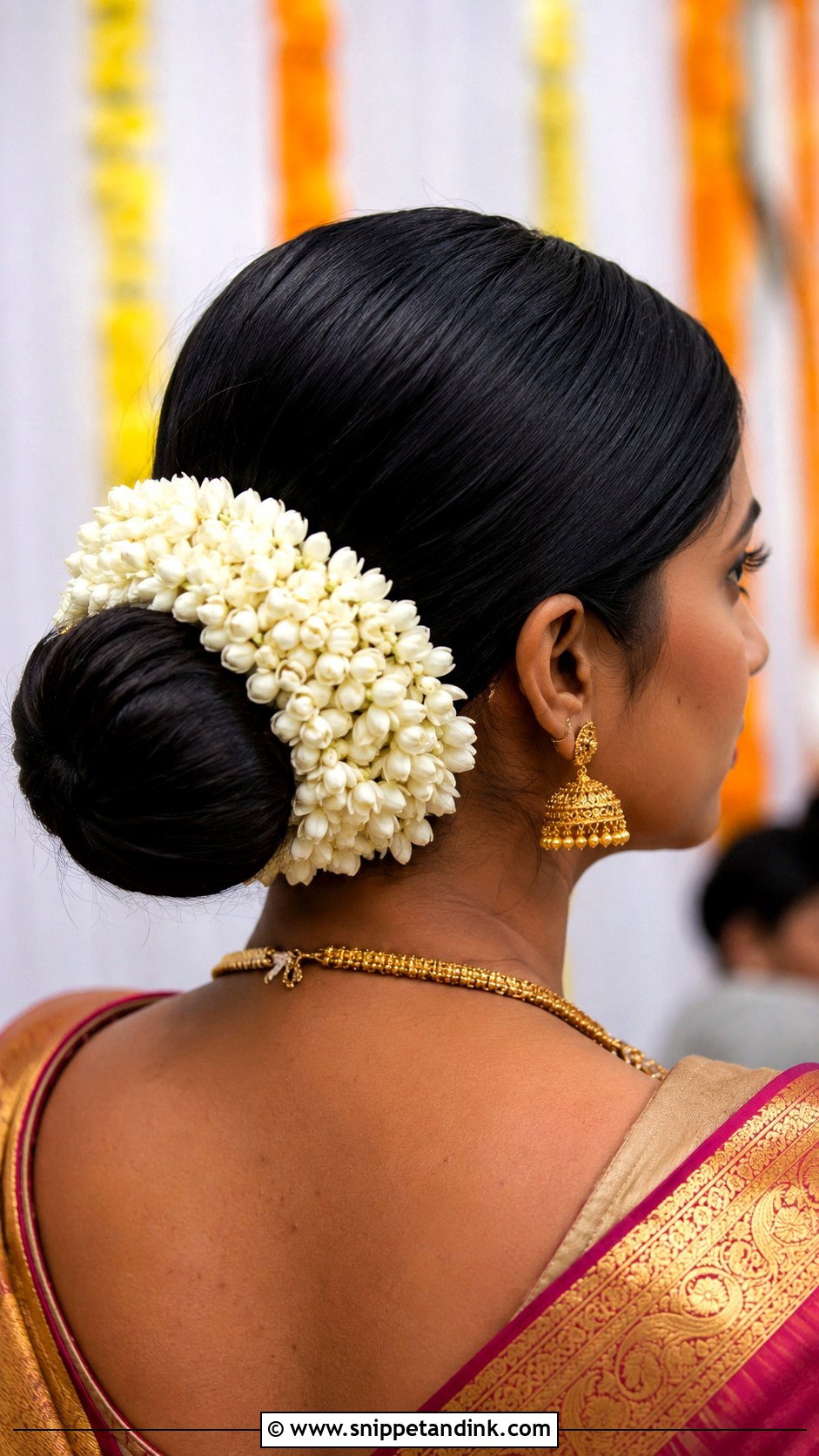 Gajra Bun Hairstyle For Indian Wedding Guest - Snippet and Ink - 20 Hair Styles for Indian Wedding Guest