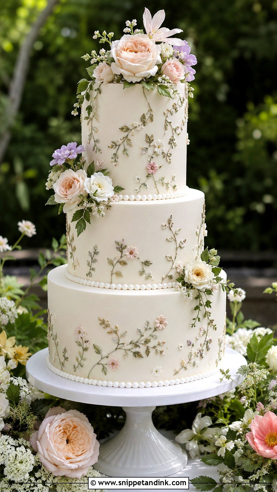 Garden Embroidery Wedding Cake - Snippet and Ink - 20 Embroidery Cake Design Ideas for Wedding