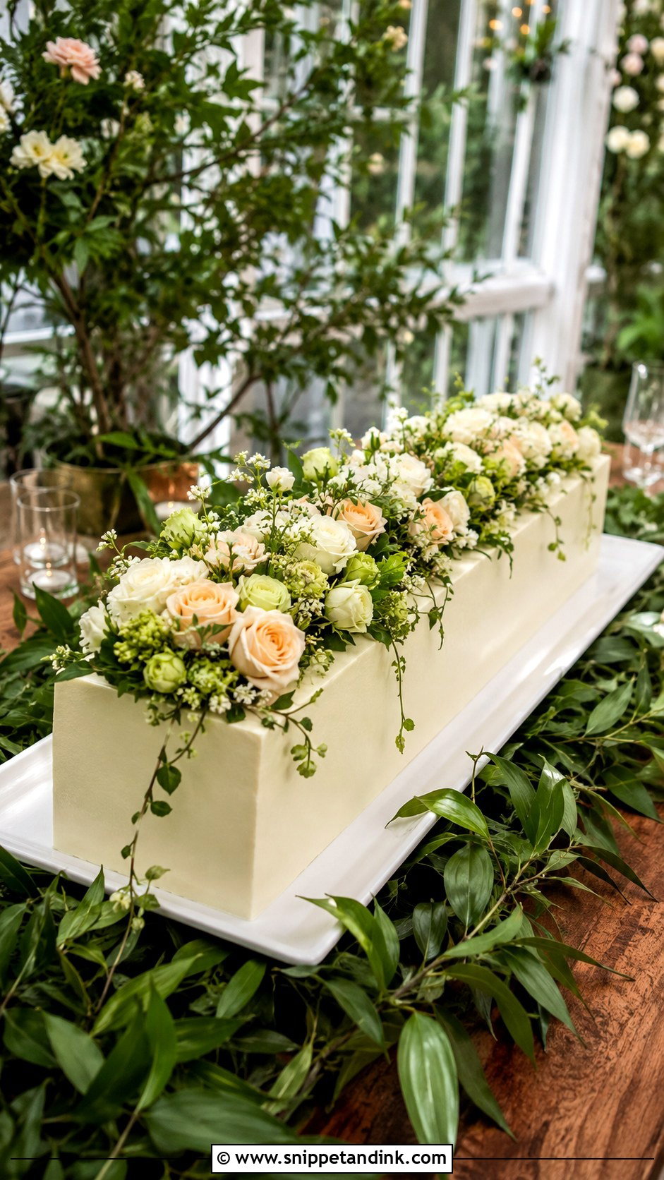 Garden Rectangle Wedding Cake With Greenery And Flowers - Snippet and Ink - 20 Rectangle Cake Ideas with Flowers for Wedding