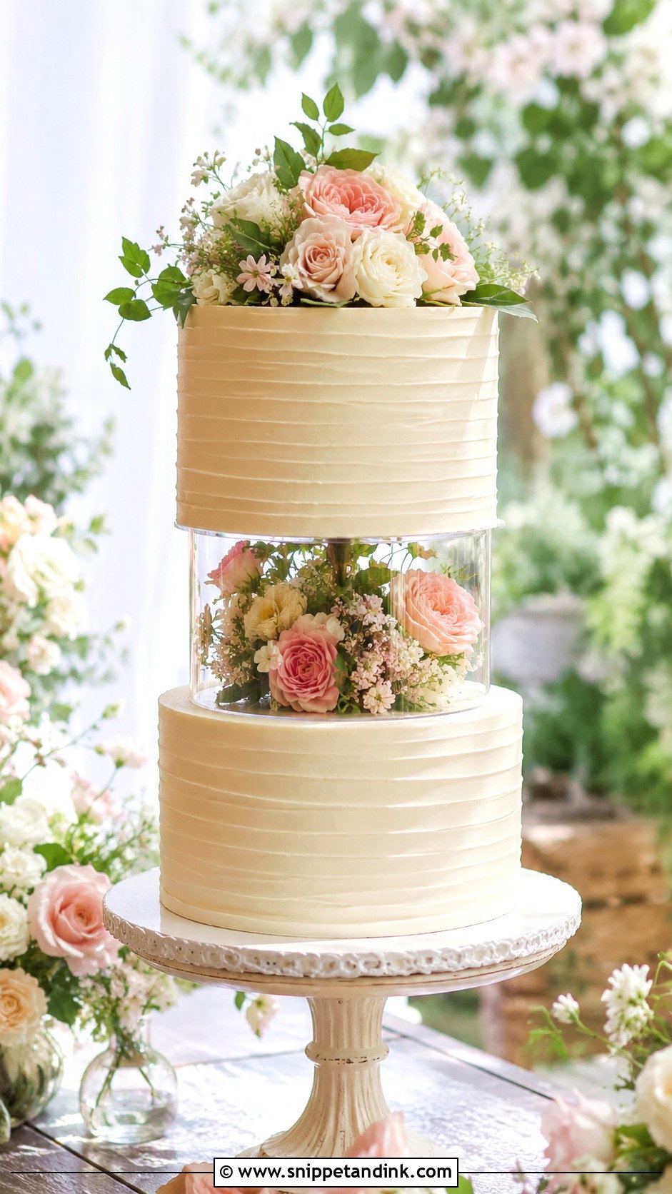 Garden Wedding Cake With Acrylic Separator - Snippet and Ink - 20 Wedding Cake Acrylic Separator Ideas