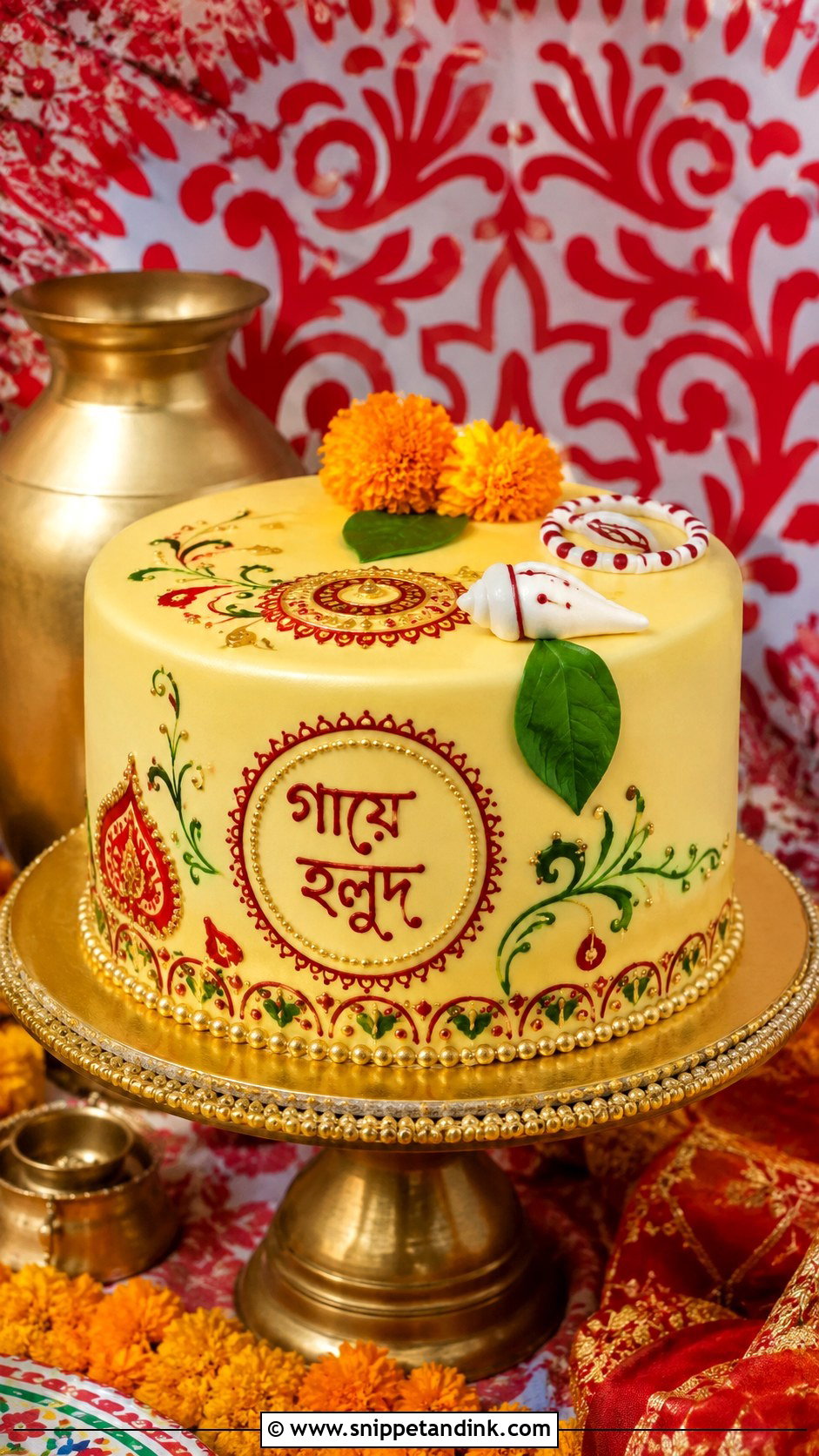 Gaye Holud Cake With Bengali Motif - Snippet and Ink - 20 Gaye Holud Cake Design Ideas