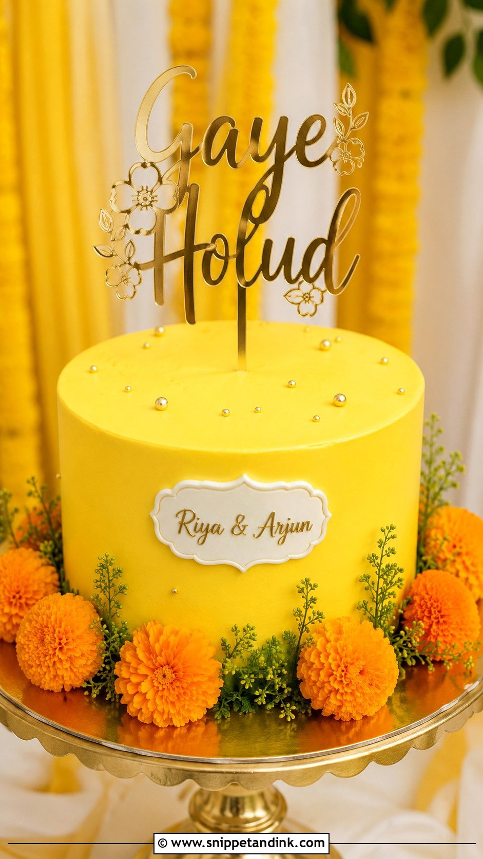 Gaye Holud Cake With Gold Topper - Snippet and Ink - 20 Gaye Holud Cake Design Ideas