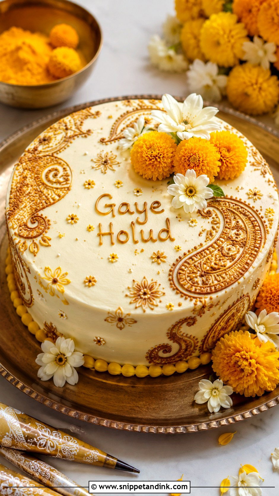 Gaye Holud Cake With Henna Pattern - Snippet and Ink - 20 Gaye Holud Cake Design Ideas