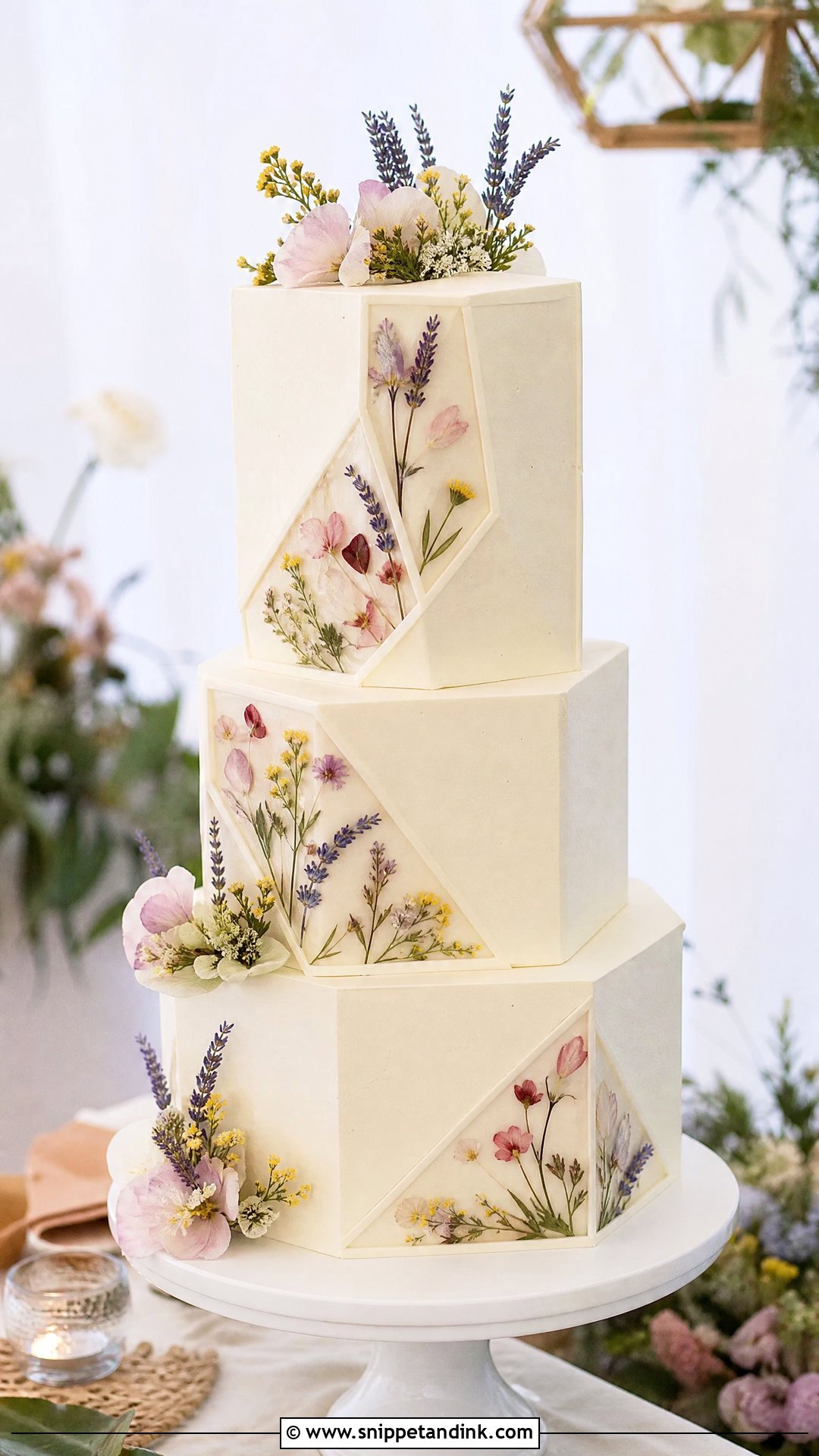 Geometric Wedding Cake With Pressed Flowers - Snippet and Ink - 25 Geometric Cake Ideas for Wedding
