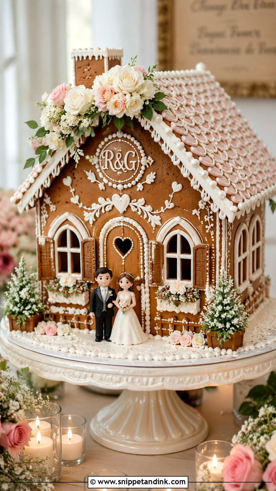 Gingerbread House Wedding Cake With Bride And Groom Toppers - Snippet and Ink - 20 Gingerbread House Wedding Cake Ideas