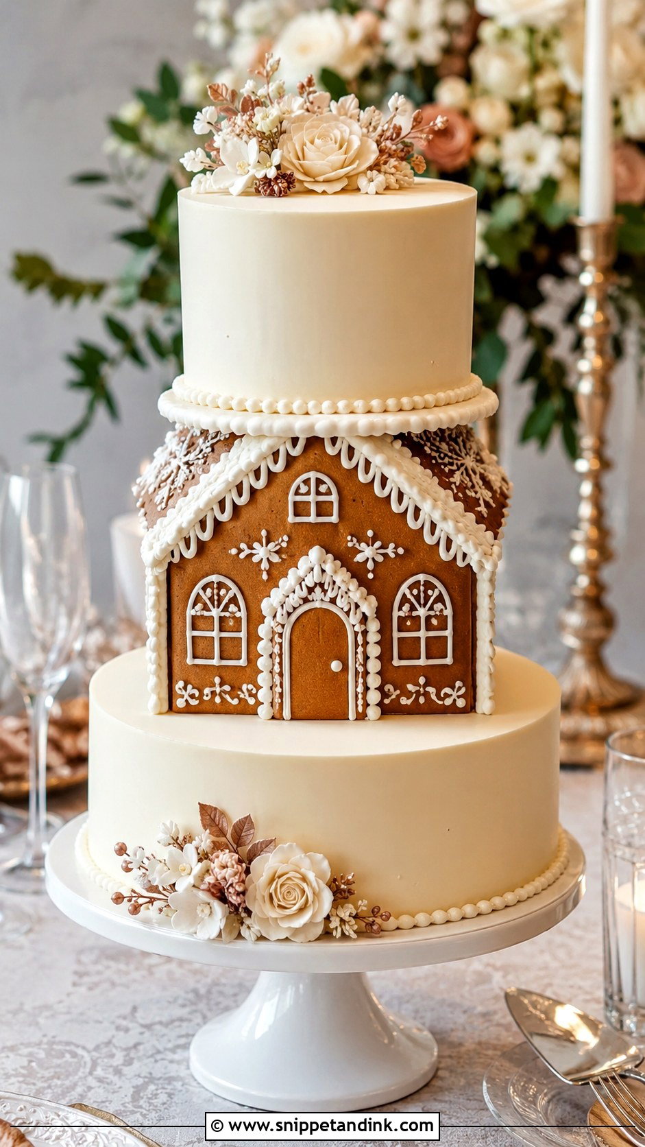 Gingerbread House Wedding Cake With Gold Details - Snippet and Ink - 20 Gingerbread House Wedding Cake Ideas