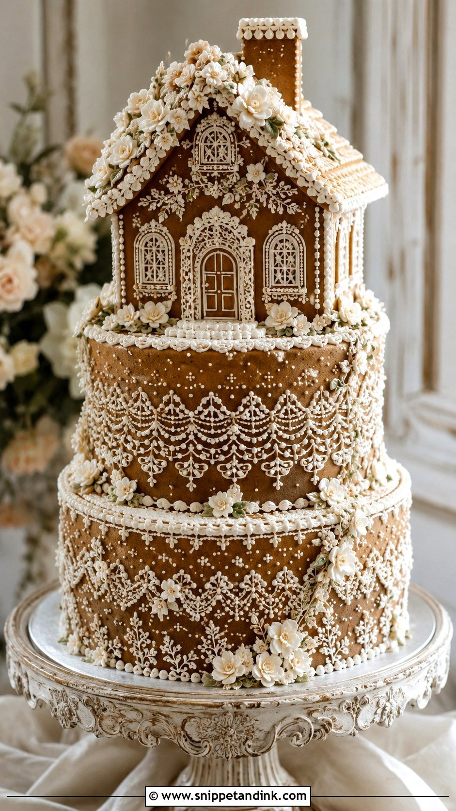 Gingerbread House Wedding Cake With Lace Icing - Snippet and Ink - 20 Gingerbread House Wedding Cake Ideas