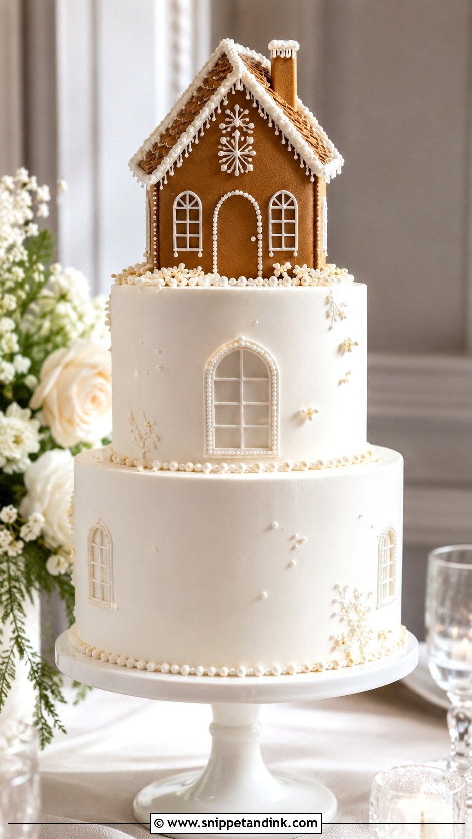 Gingerbread House Wedding Cake With Modern White Tiers - Snippet and Ink - 20 Gingerbread House Wedding Cake Ideas