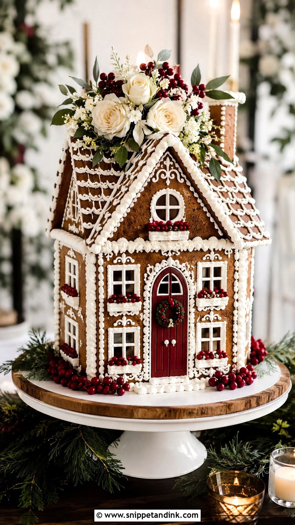 Gingerbread House Wedding Cake With Red Accents - Snippet and Ink - 20 Gingerbread House Wedding Cake Ideas