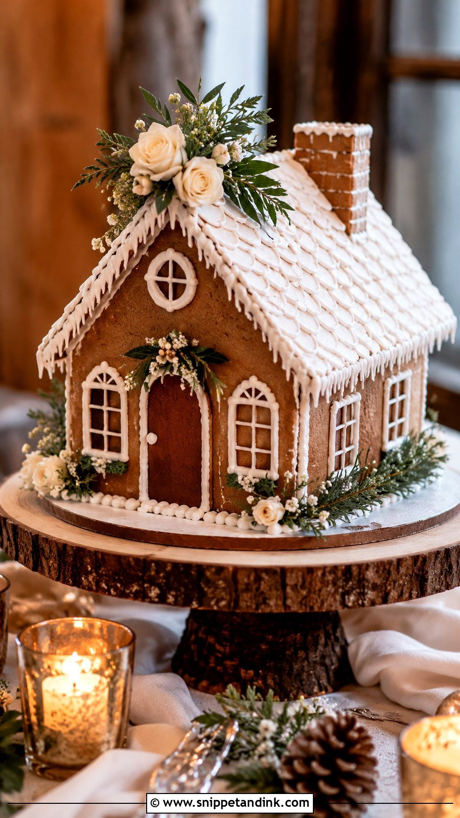 Gingerbread House Wedding Cake With Rustic Wood Stand - Snippet and Ink - 20 Gingerbread House Wedding Cake Ideas