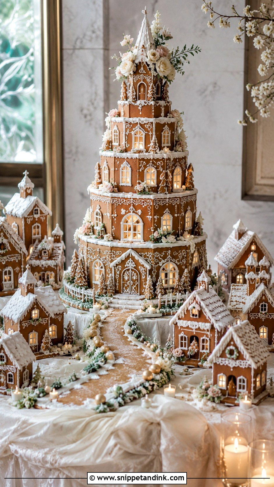 Gingerbread House Wedding Cake With Village Display - Snippet and Ink - 20 Gingerbread House Wedding Cake Ideas