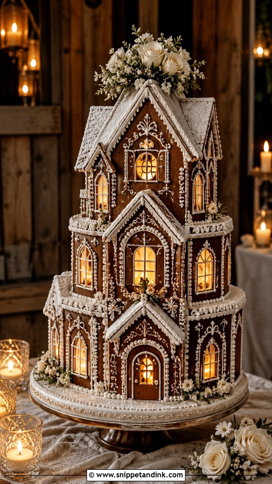 Gingerbread House Wedding Cake With Window Lights - Snippet and Ink - 20 Gingerbread House Wedding Cake Ideas